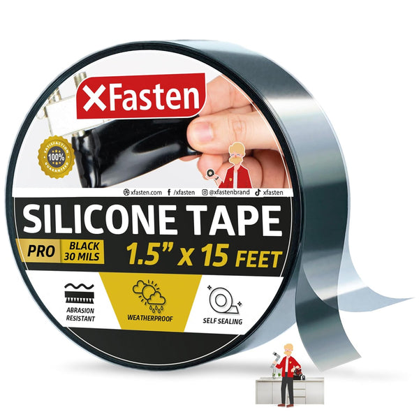 XFasten Self-fusing Silicone Tape Pro, Black, 1.5-Inch x 15-Feet, Weatherproof Silicone Rubber Sealing Tape