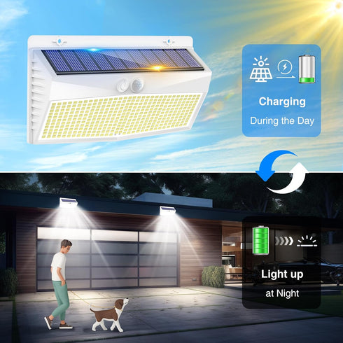 2 Pack 368 3 LED Solar Motion Sensor Lights Outdoor, Solar Fence Lights with Lighting Modes, Solar Powered Security