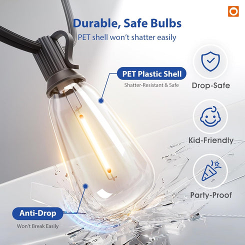 50FT 16 ST38 Bulbs(1 Dimmable addlon LED Outdoor String Lights with Remote Waterproof Patio Lights with Shatterproof
