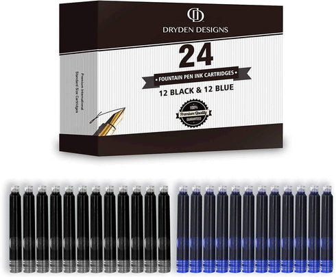 Dryden Designs Fountain Pen Medium Nib Gift Pouch - Includes 24 Ink Cartridges - MCM (Intense Black)