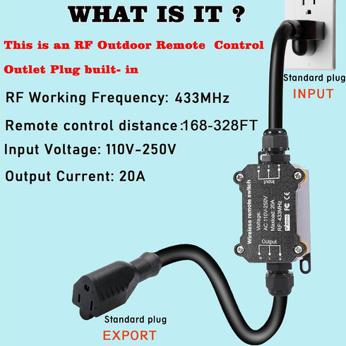 AC110V Switch,165 Long,AC110V/120V/250V/20A Remote Control Power Switch,Waterproof Wireless Light Feet RF Module