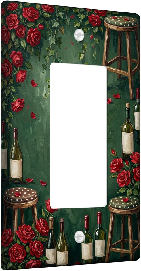 Generic Roses Single Rocker Light Switch Cover, Rustic Vintage Stools Wine Bottles N/a Green Plastic Standard Size
