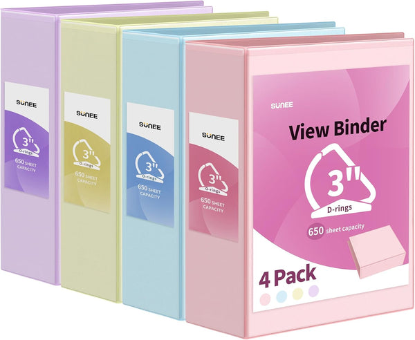 SUNEE 3 Inch Clear View Binder, PVC-Free Three Ring Binder for School or Office Supplies, Assorted Pastel, 4 Pack