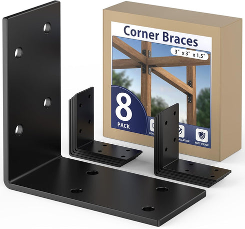 GZQIUYI 3x3 Inch 90 8 Pack Corner Bracket, Heavy Duty Galvanized L Brackets, Angle Corner Braces for Deck Posts, Wood
