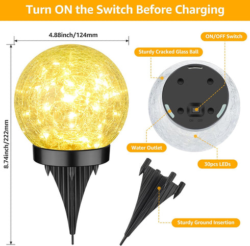 2-Pack ASOMST Garden Solar Lights Outdoor, Cracked Glass Ball Light Waterproof, Decorative Solar Globe Lights Warm