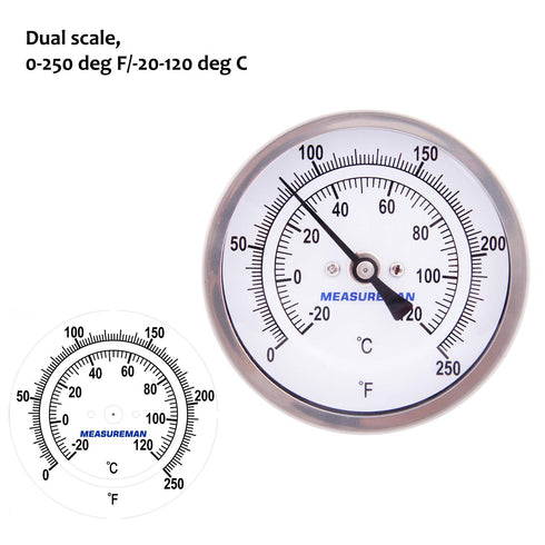 Measureman Fully Stainless Steel Pot, Kettle, Brewing Bimetal Thermometer, 3" Dial, 0-250 deg F, Adjustable