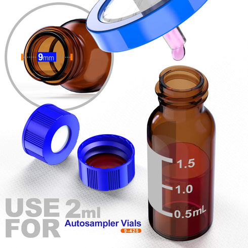 Autosampler Vials Cap, 9mm Blue Polypropylene Screw-Thread Caps with PTFE Red/Silicone White Septa by Biomed Scientific