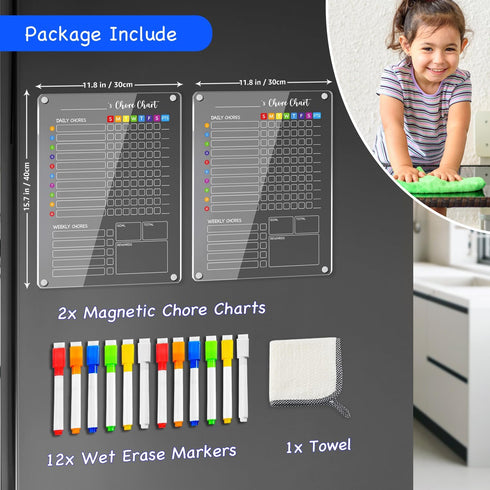 PigPotParty Magnetic Acrylic Chore Chart for Kids - 12"x16" Responsibility Chart with 2 Weekly Dry Erase Boards