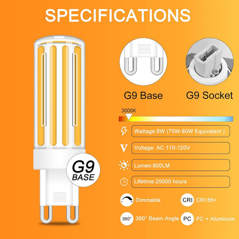 G9 Light Bulb LED 3000K Warm White Dimmable 60W 80W Halogen Equivalent 8W LED Chandelier Lights Bulb Ceiling Pendant