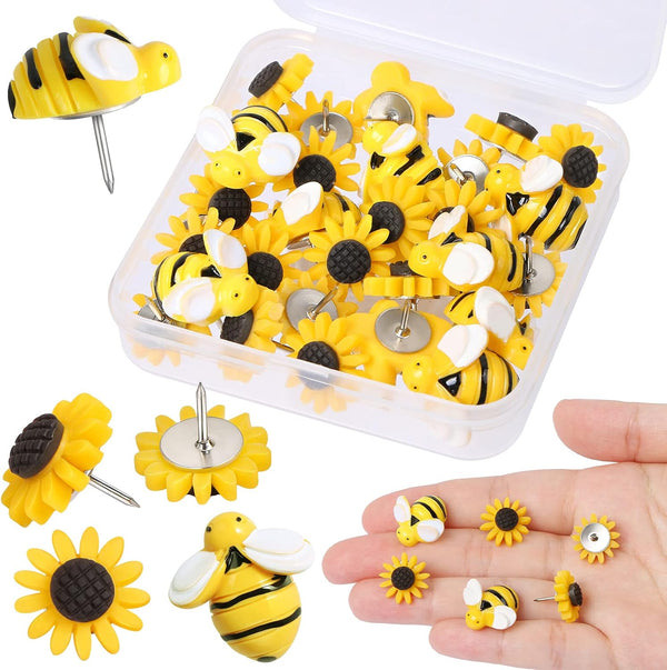 Sunflower Bee Push Pins, Decorative Thumb Tacks for Bulletin Board Photos, Office Decorations Supplies