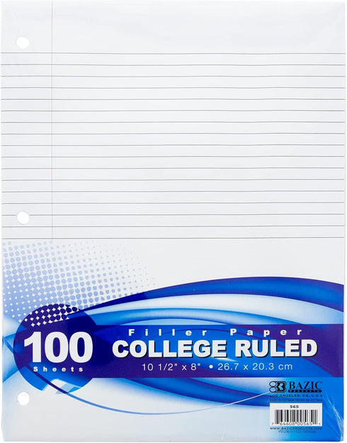 BAZIC 100 Sheet Filler Paper, College Ruled, 3 Hole Punched, 1-Pack for Office School Student Writing