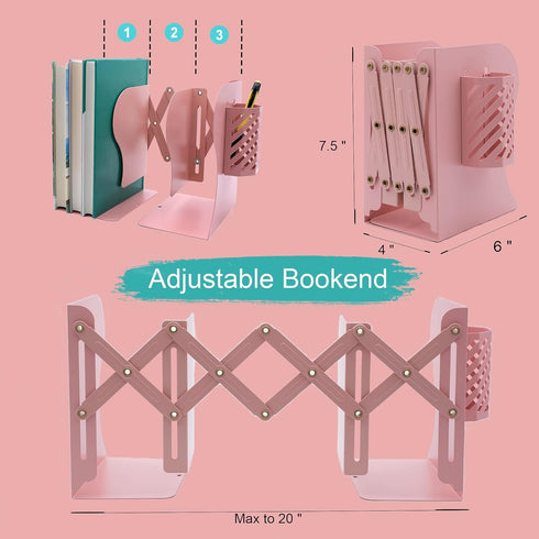 Expandable Bookends, Metal Adjustable Book Ends for Heavy Books, Book Shelf Organizer Holder for Desk, Office Home School Kid Student Book Stroage (Pink) by simplesun