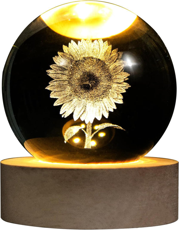 3D Laser Etched Sunflower Crystal Ball, Sunflower Decor Glass Sphere Lamp Night