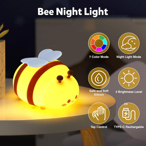 ollycasa Dimmable Bee Night Light, Cute Silicone Animal Bedside Lamp, Night Lamp for Kids Room, LED Lamp,Bedroom Touch