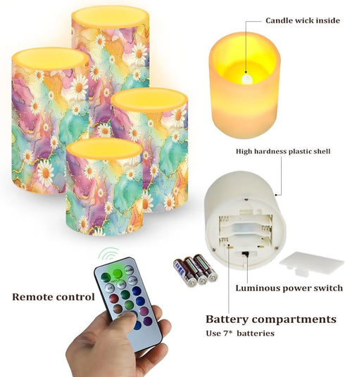 Cozeyat Set 4 Pink Marble Dasiy Battery Operated LED Candles of Flameless Pillar Candles with Remote Color Changing