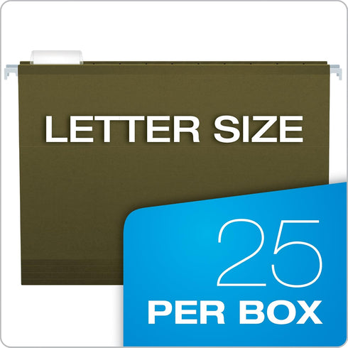 Pendaflex Reinforced Hanging Folders, Letter Size, Standard Green, 1/5 Cut, Includes Tabs and Inserts, 25/Box