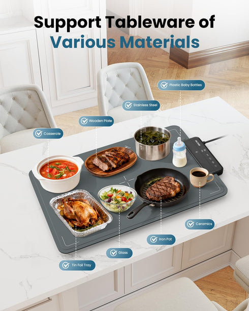 Zeltri 24''X16'' 6 6 Food Warmer Mat Plug and Play-Large Rapid Full Surface Heating, Level Temp, Hour Timer, Child
