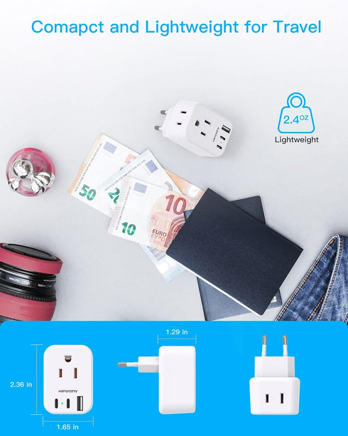 European Travel Plug Adapter USB C, US to Europe Plug Adapter with 2 Outlets 3 USB Ports, Type C Power Adapter for