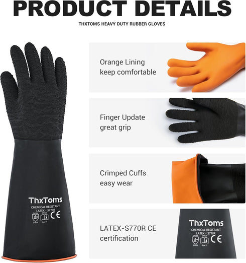 ThxToms Heavy Duty Rubber Gloves, Versatile Latex Chemical Resistant with Anti-Slip Design, 22" 1 Pair