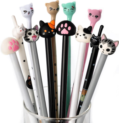Cute Cat Gel Pens Set, Fun Kawaii Animal Black Ink Pens for Kids, Office, School Supplies, 12 Styles