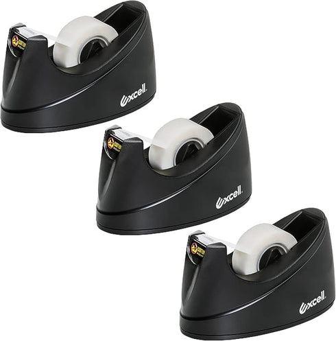 Excell OFFICEPLUS Desk Tape Dispenser, Non-Skid Base, 3/4" Wide, 1" Core, 3 Pack