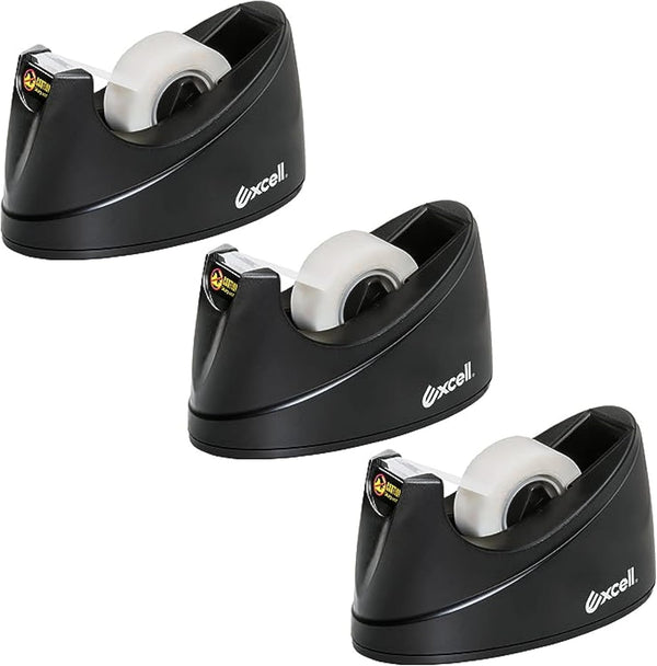 Excell OFFICEPLUS Desk Tape Dispenser, Non-Skid Base, 3/4" Wide, 1" Core, 3 Pack