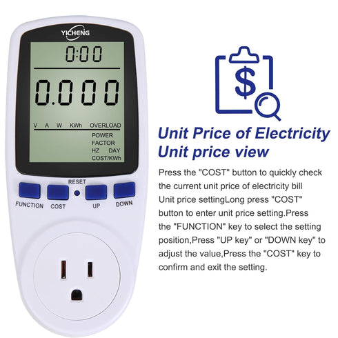 YICHENG Electrical Usage Monitor, Watt Meter, Power Meter with Overload Protection, 7 Modes Display (Blue)