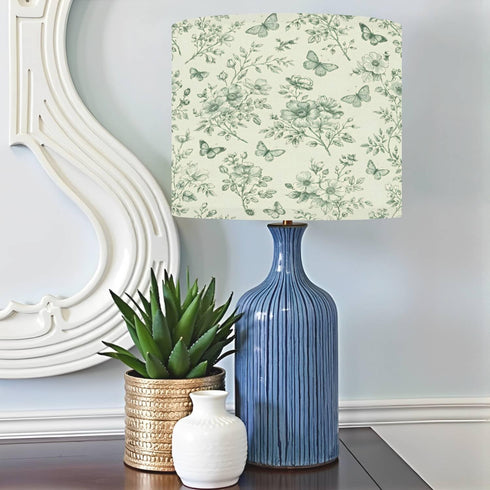 JCFANGALLERY 11" 11" 8.9" Seamless Boho Drum Lamp Shades - x x Vintage floral Wild Roses butterflies Green white Toile