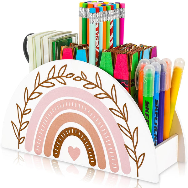 Back to School Rainbow Pencil Pen Holder, Boho White Pink Wooden Organizer for Makeup Brushes, Crayon, Office Supplies