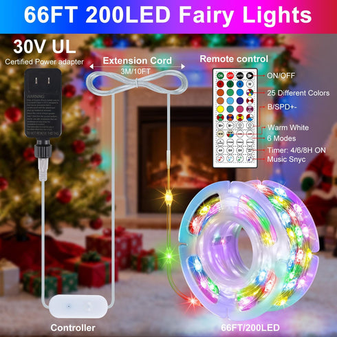 66FT 200 OMIKA Fairy Lights Plug in, LED Smart String Lights Plug in with Remote & APP Controlled, Warm White + RGB