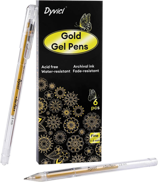 Dyvicl 6 Set Gold Gel Pens, 0.8 mm Fine Metallic Gold Pens for Black Paper Drawing, Sketching, Illustration, Journaling