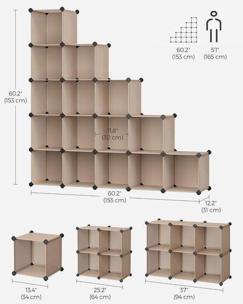 SONGMICS Cube Storage Organizer, Set of 16 Plastic Cubes, 12.2 x 48.4 x 48.4 Inches, Camel Brown for Room Organization