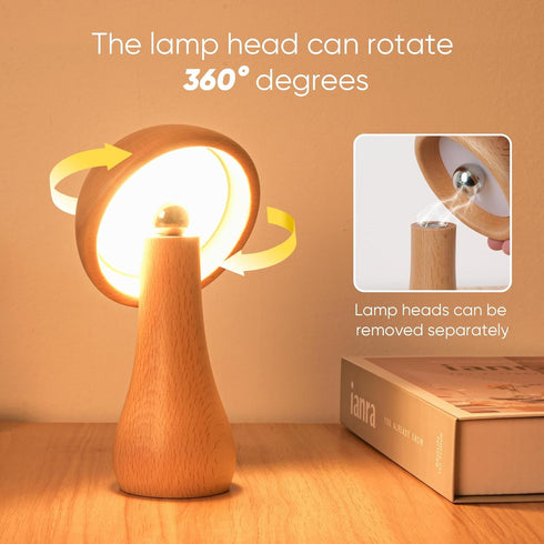 LONRISWAY Dimming, 360 Wooden Mushroom Lamp, Portable Cordless Touch Switch Rechargeable Battery Operated Lamp,Stepless