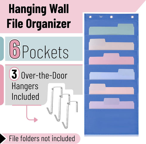 Mr. Pen Hanging Wall File Organizer, 6 Pocket Blue with 3 Overdoor Hangers