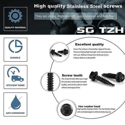 #14 x 5/8" Sheet Metal Screws, 100PCS 410 Stainless Steel Hex Washer Head Tek Screws, Black Oxide