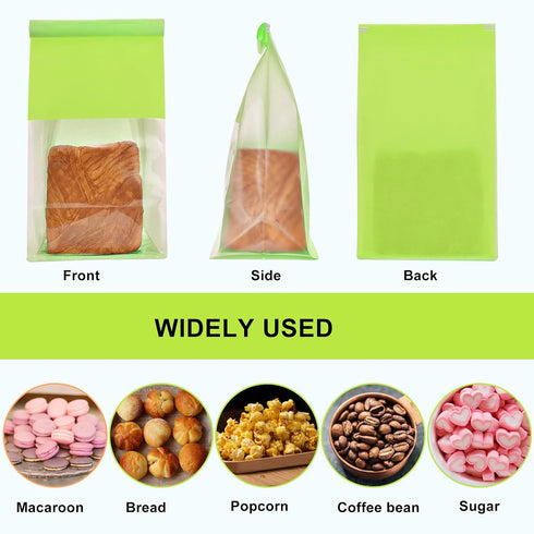 SixWeKit 50-Pack Packaging Reusable Bakery Bags - Windowed Kraft Paper Bags with Seal & Tin Tie Tab Lock - Upright