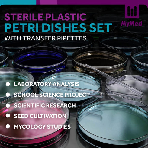Pack of 20 Sterile Petri Dishes with Lids (90 x 15 mm), 2ml Plastic Pipettes for Lab Analysis
