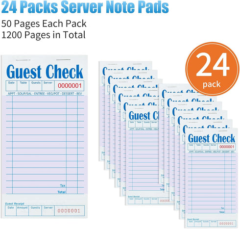 24 Pack 50 Sheets/Pack, 1200 ZPARIK Purple Guest Checks Books for Servers Server Note Pads, Waiter Checkbook, Waitress