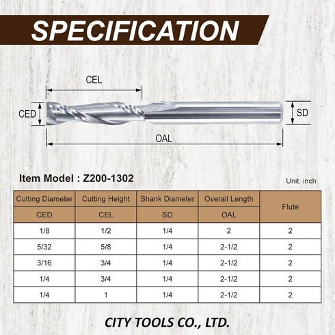 Z200-1302 1/8" 1/2" 1/4" (1/8") ZUQ | Up Cut Spiral Router Bit | - Dia, Cutting Height, Shank, Uncoated (Bright) Solid
