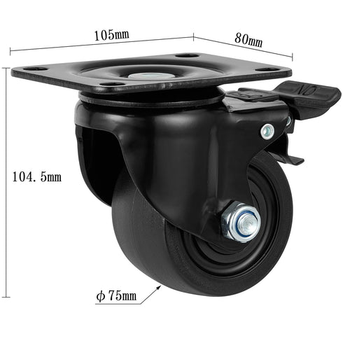 Finnhomy 3 Inch Caster Wheels Set of 4, Heavy Duty Low Profile Plate Swivel Casters with Brake, Black
