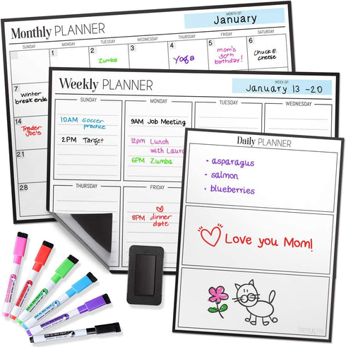 Cinch Magnetic Calendar Bundle: 3 Boards of 17"x12" -Monthly, Weekly, Daily- Magnetic Calendar for Fridge- Calendar White Board for Fridge- 6 Fine Tip Markers, Large Eraser, Magnets, Fridge Whiteboard by Home & Me