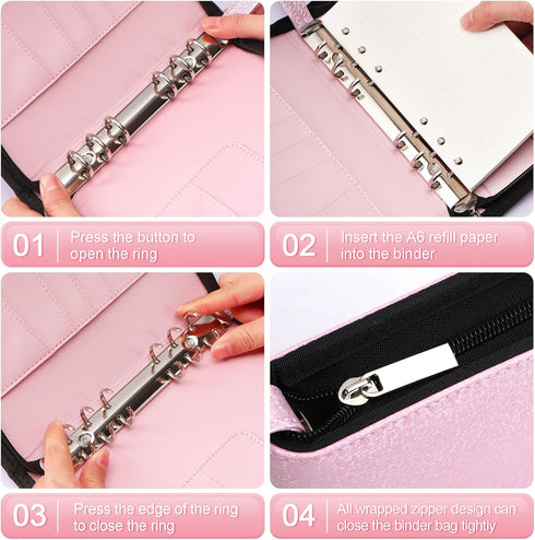Toplive A6 Budget Binder with Zipper, 6 Ring Refillable Planner Cover for A6 Cash Budget System, Glitter Pink