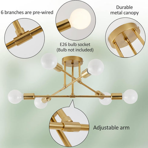 6 E26 Bulb Semi Flush Mount Ceiling Light Fixture, Lights Modern Sputnik Chandelier Ceiling Lamp with Base, Light