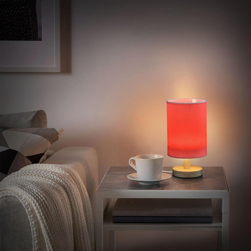 YYZZH Red Table Lamp with Wood Base Fabric Lamp Shade Bedside Nightstand Desk Lamp for Living Room Bedroom Kids Room