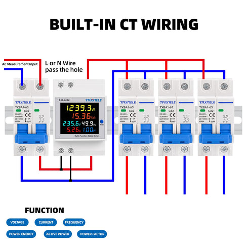 Single Phase Energy Meter Tester, Din Rail Electricity Usage Monitor, 6 in 1 Multimeter AC 40-300V 100A