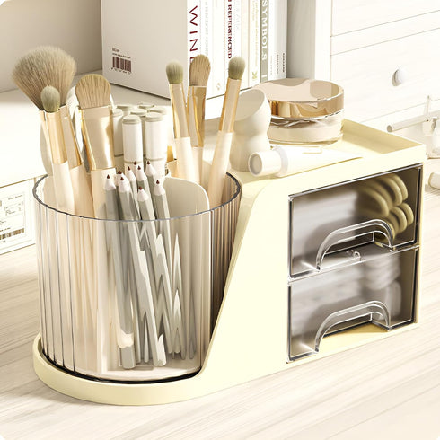 Cute Rotation Pen Holder for Desk - Beige Pencil Cup Pot Organizer for Girls, Kids, and Makeup Brushes