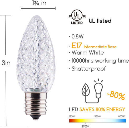 25 Pack C9 LED Replacement Christmas Light Bulb, Warm White, E17 Intermediate Base, Shatterproof Dimmable Bulbs