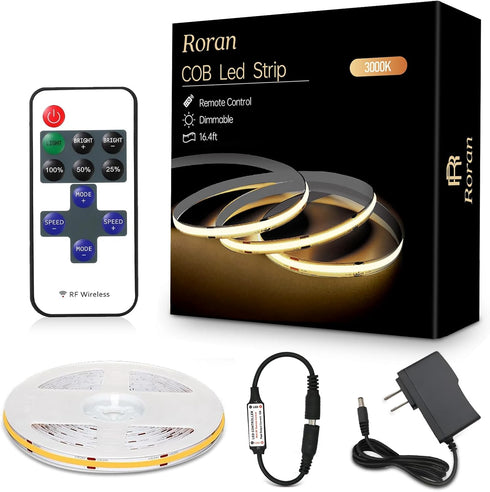 Roran White Cob LED Strip Lights with Remote, Warm Lighting, Rope Lights Indoor,