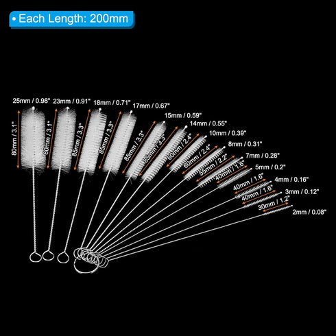 PATIKIL 7.9" Straw Cleaner Brush Set, 13 Different Diameter Stainless Steel Nylon Pipe Wire Cleaning Brush with Hook for Lab Glass Supplies Flask Tube Water Bottles, White