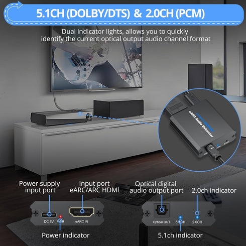 192KHz Dolby 5.1 2.0 Setup CAMWAY eARC/ARC Audio Extractor - Used with HDTV ARC/eARC Ports to Optical